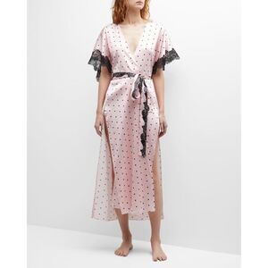 Christine Lingerie Polka-Dot Lace-Trim Silk Robe One size